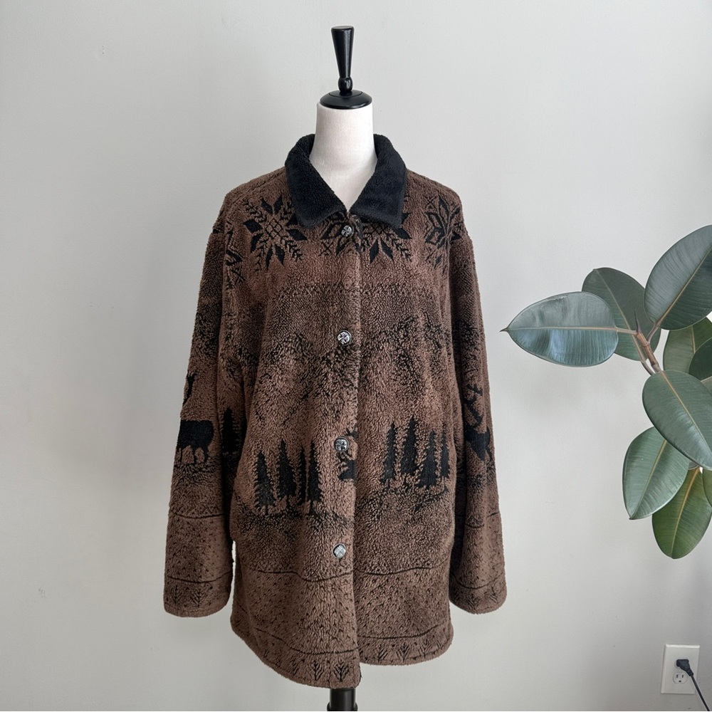 Outbrook Winter Themed Fair Isle Teddy Jacket Forest Deer Pattern 2X
